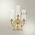 Neoclassical Three-Arm Brass Candelabra with Crystal Sphere & Glass Hurricane Shades — Gold