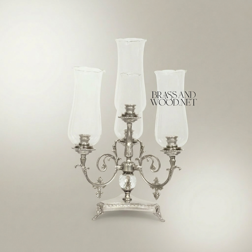 Neoclassical Three-Arm Brass Candelabra with Crystal Sphere & Glass Hurricane Shades — Silver
