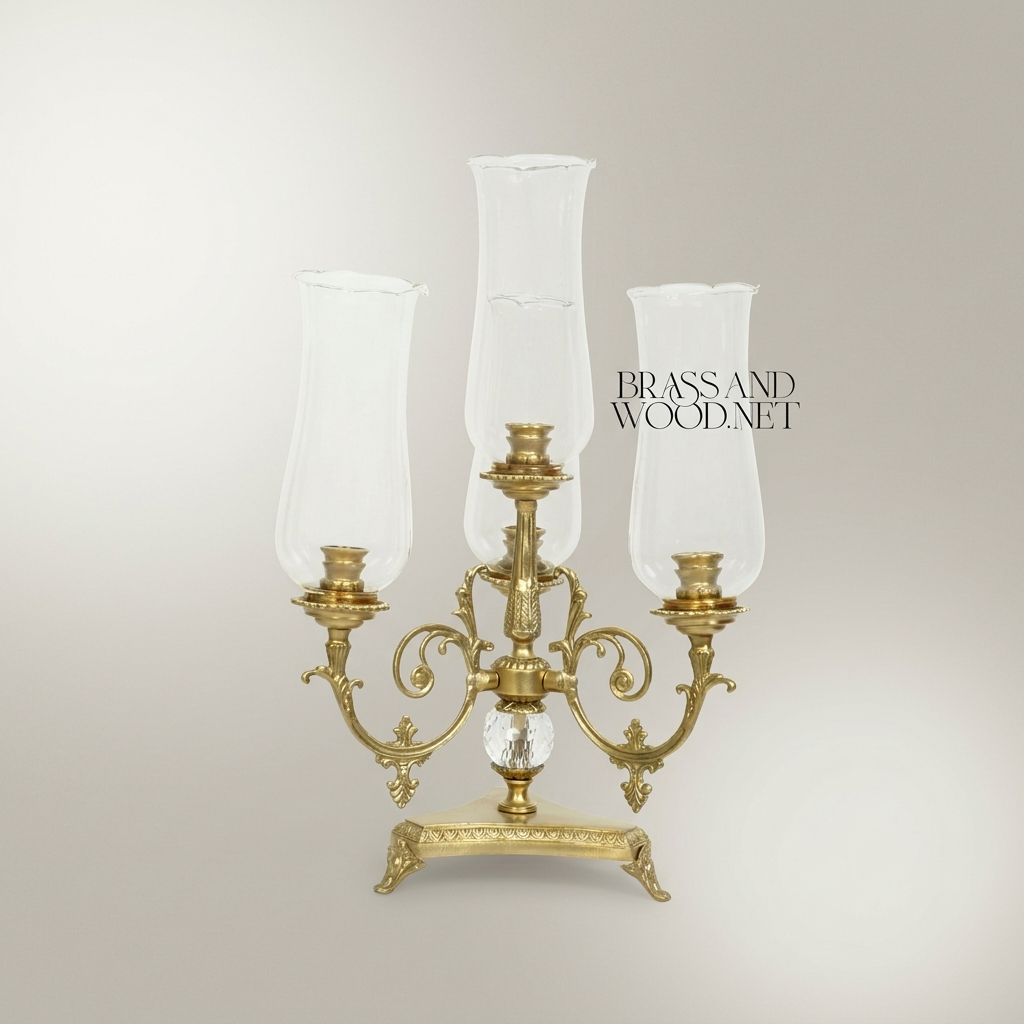 Neoclassical Three-Arm Brass Candelabra with Crystal Sphere & Glass Hurricane Shades — Antique Gold