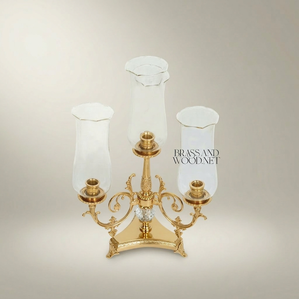 Neoclassical Three-Arm Brass Candelabra with Crystal Sphere & Glass Hurricane Shades — Gold