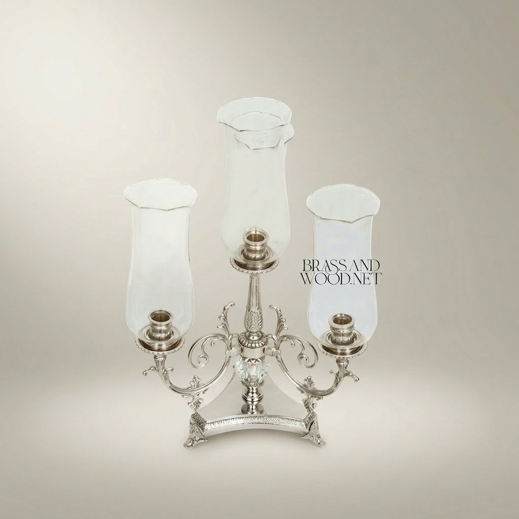 Neoclassical Three-Arm Brass Candelabra with Crystal Sphere & Glass Hurricane Shades — Silver