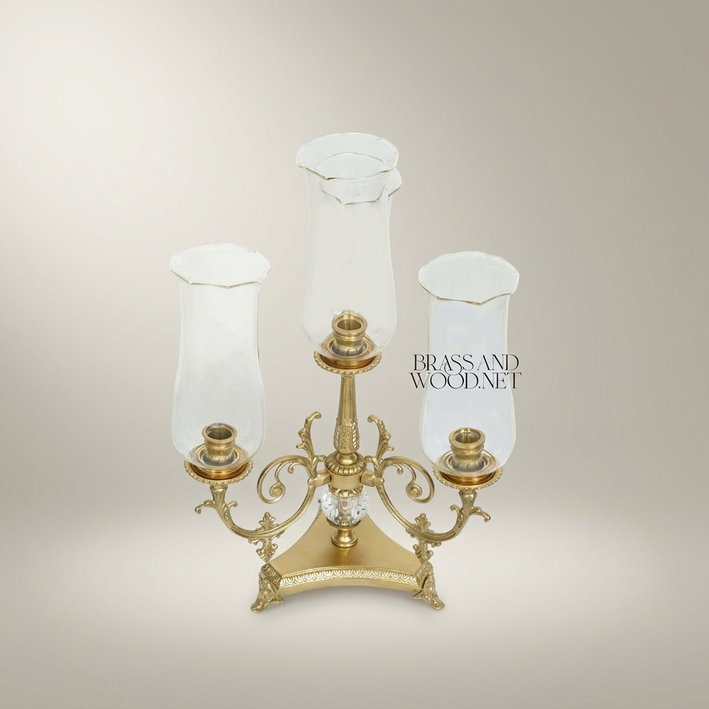 Neoclassical Three-Arm Brass Candelabra with Crystal Sphere & Glass Hurricane Shades — Antique Gold