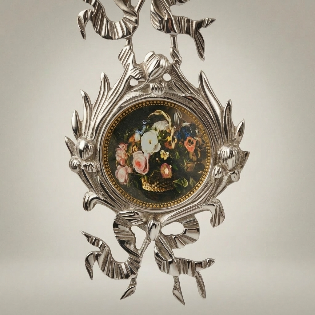 Neoclassical Triple Medallion Hanging Panel Set with Floral Insets & Ribbon Crest — Silver