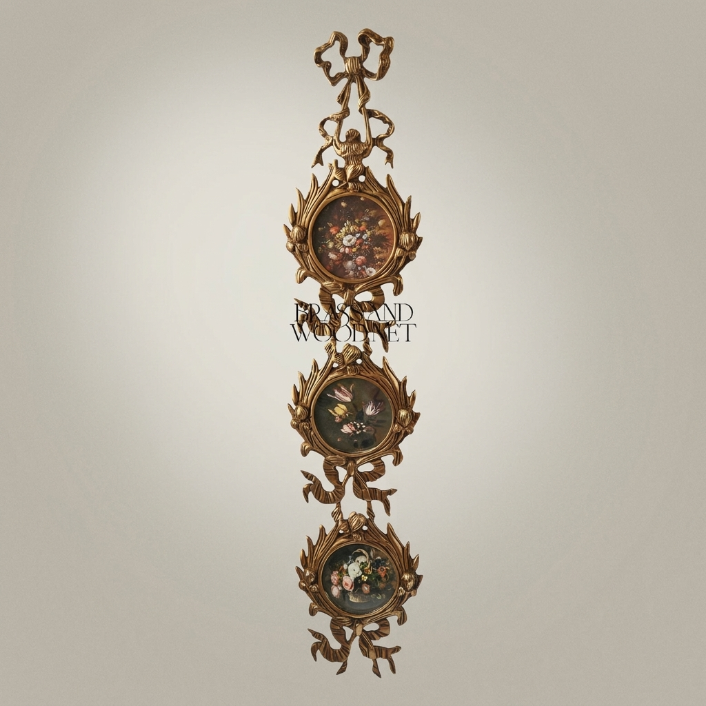 Neoclassical Triple Medallion Hanging Panel Set with Floral Insets & Ribbon Crest — Antique Gold