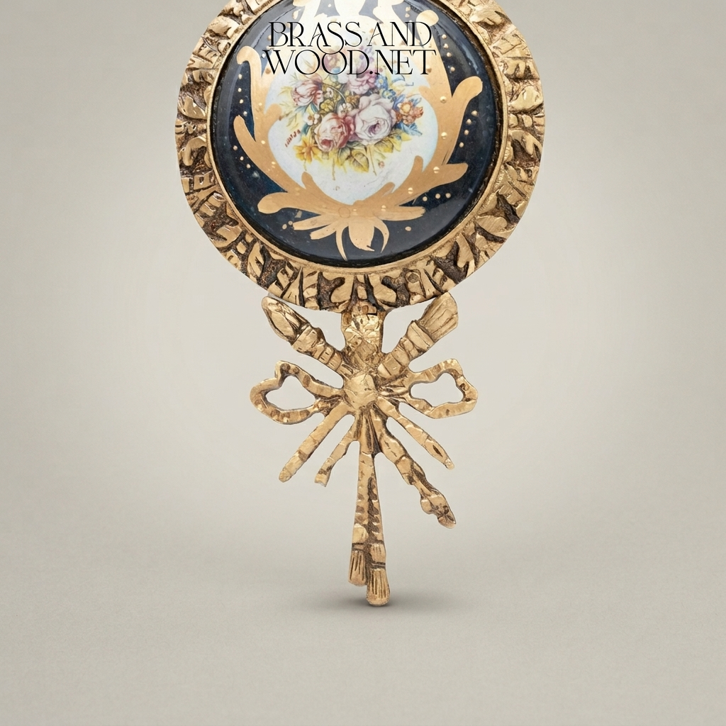 Neoclassical Triple Porcelain Medallion Brass Wall Panel - Floral Sevres-Style with Ribbon Crown — Antique Gold