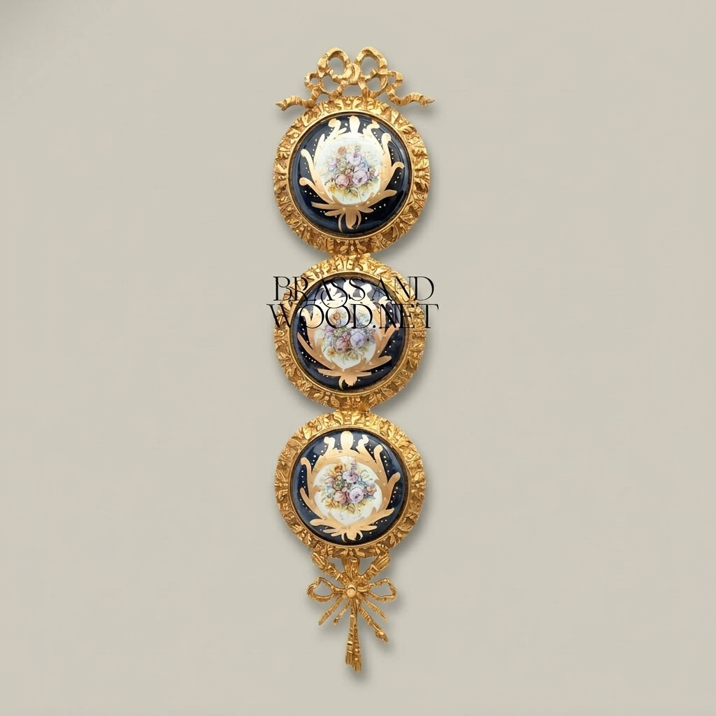 Neoclassical Triple Porcelain Medallion Brass Wall Panel - Floral Sevres-Style with Ribbon Crown