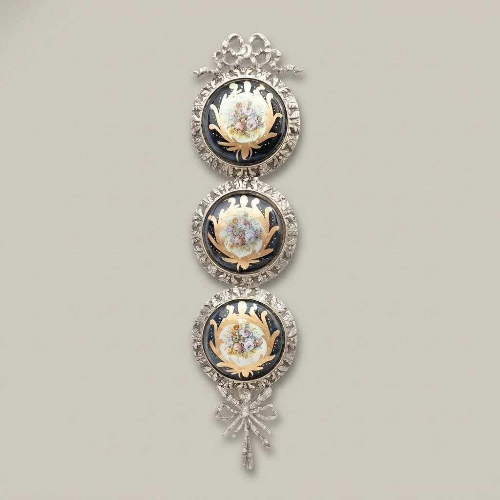 Neoclassical Triple Porcelain Medallion Brass Wall Panel - Floral Sevres-Style with Ribbon Crown — Silver