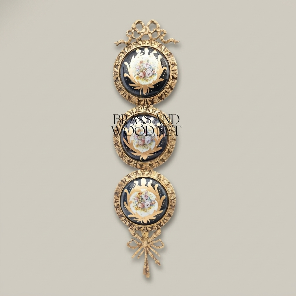 Neoclassical Triple Porcelain Medallion Brass Wall Panel - Floral Sevres-Style with Ribbon Crown — Antique Gold