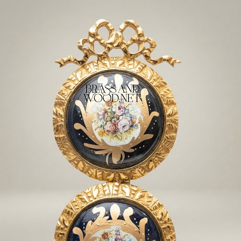 Neoclassical Triple Porcelain Medallion Brass Wall Panel - Floral Sevres-Style with Ribbon Crown — Gold