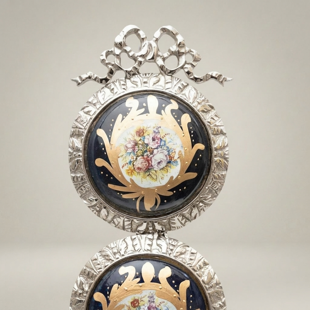 Neoclassical Triple Porcelain Medallion Brass Wall Panel - Floral Sevres-Style with Ribbon Crown — Silver