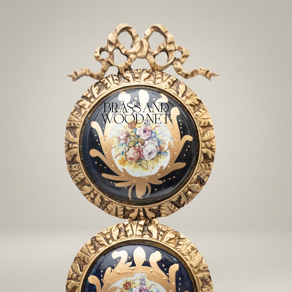 Neoclassical Triple Porcelain Medallion Brass Wall Panel - Floral Sevres-Style with Ribbon Crown — Antique Gold