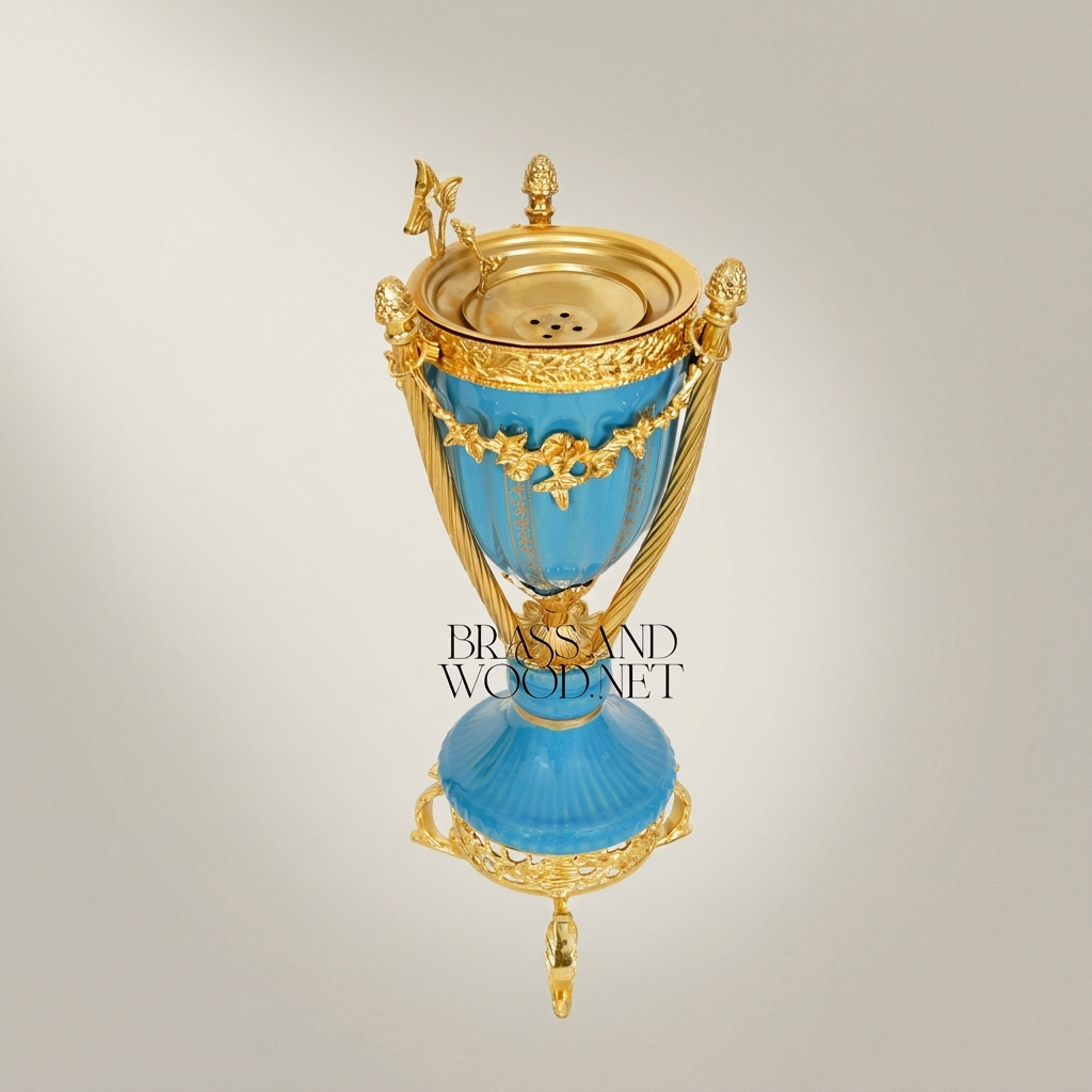 Neoclassical Turquoise Ceramic Incense Burner with Gilt Brass Urn & Tripod Stand