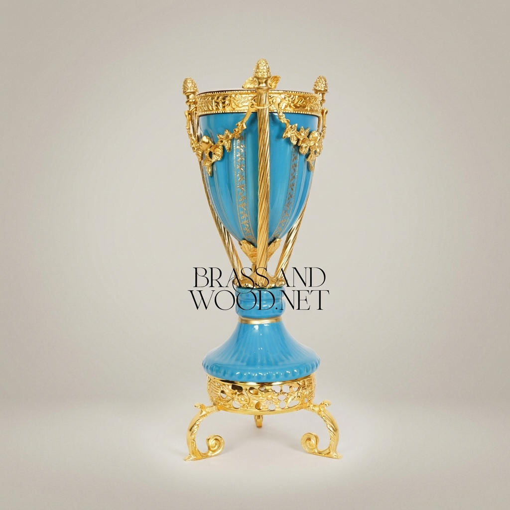 Neoclassical Turquoise Ceramic Incense Burner with Gilt Brass Urn & Tripod Stand