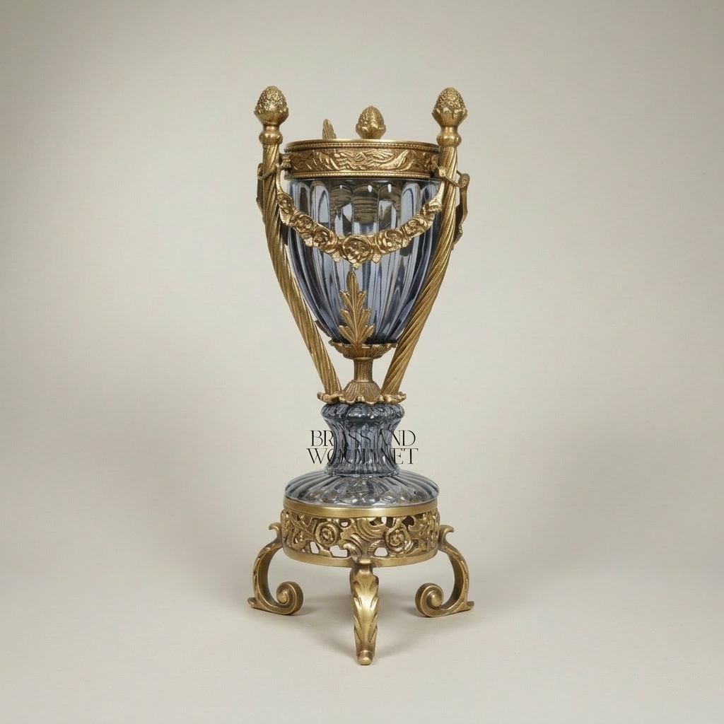 Neoclassical Urn Incense Burner — Fluted Crystal & Gilt Brass with Garland Mounts — Antique Gold