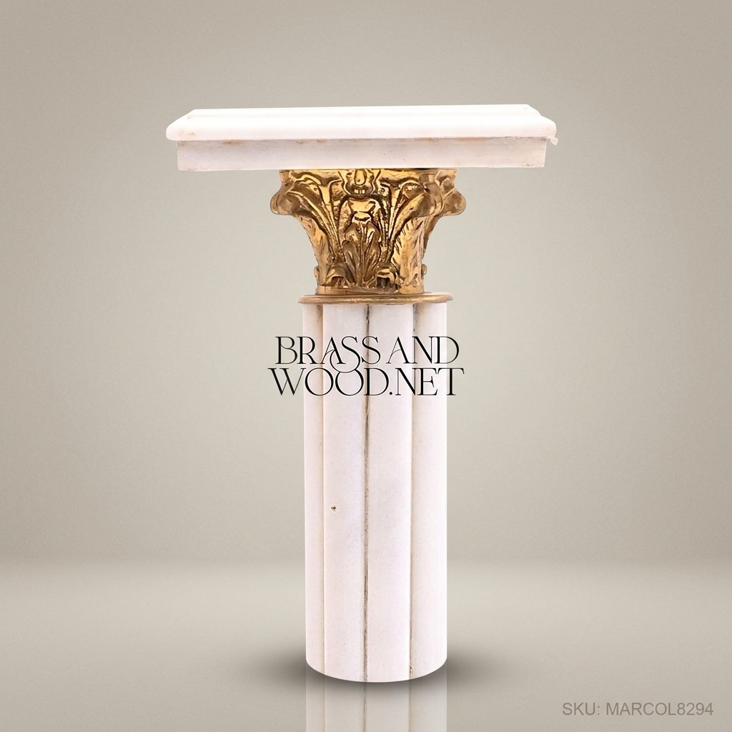 Neoclassical White Marble Column Pedestal with Gilt Brass Corinthian Capital