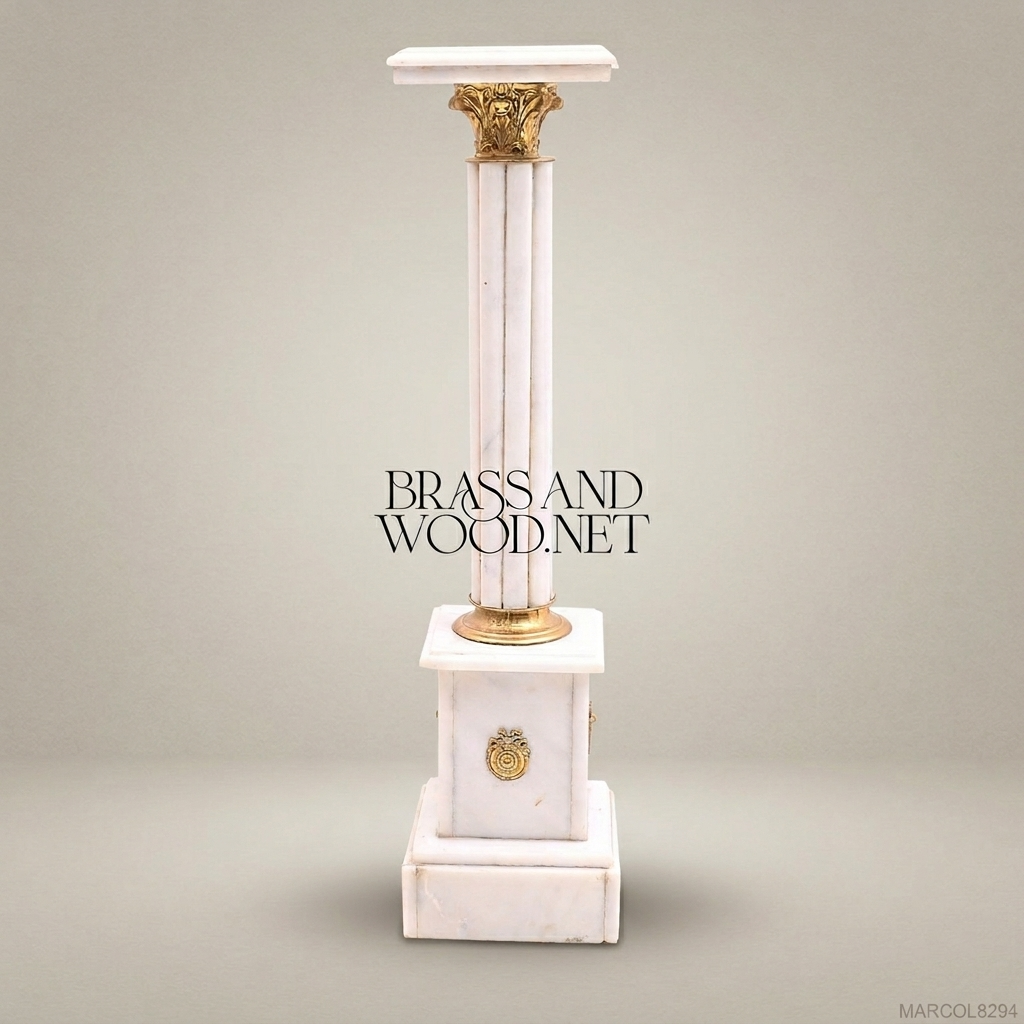 Neoclassical White Marble Column Pedestal with Gilt Brass Corinthian Capital