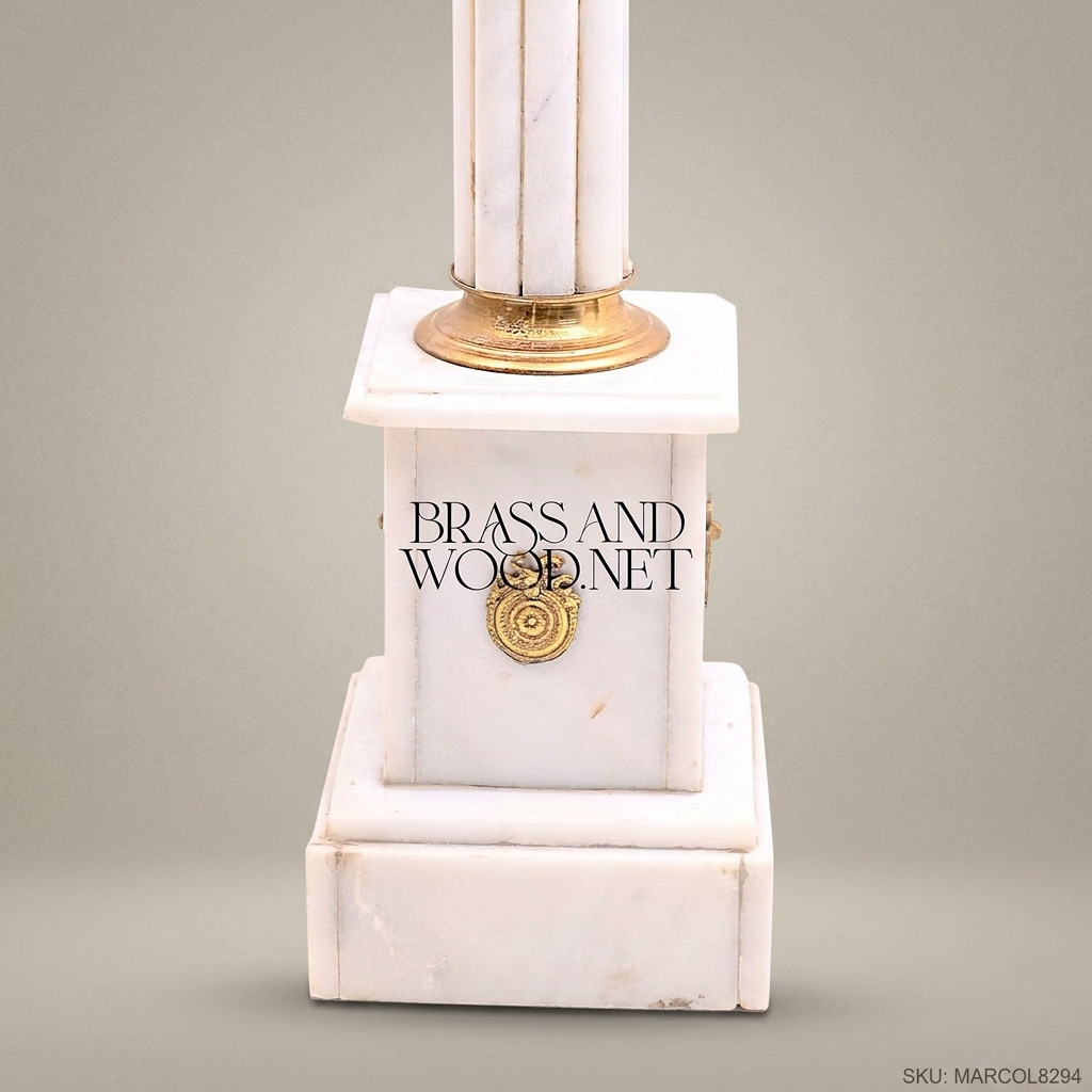 Neoclassical White Marble Column Pedestal with Gilt Brass Corinthian Capital