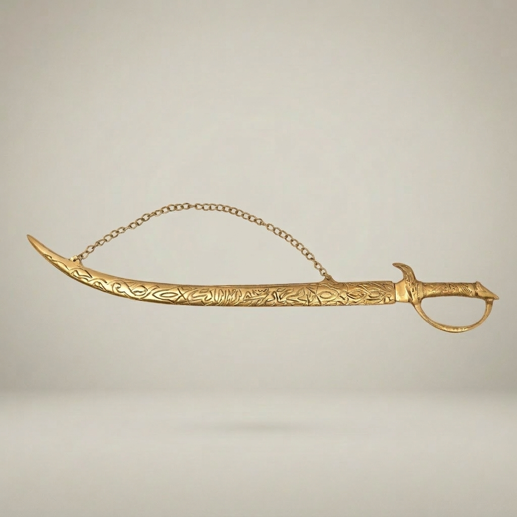 Ornate Engraved Brass Decorative Sword with Chain & Scabbard - Islamic Arabesque Wall Display — Gold