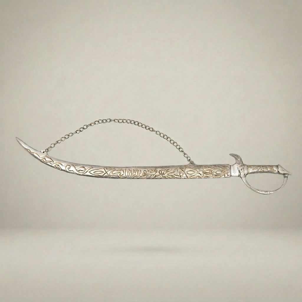 Ornate Engraved Brass Decorative Sword with Chain & Scabbard - Islamic Arabesque Wall Display — Silver