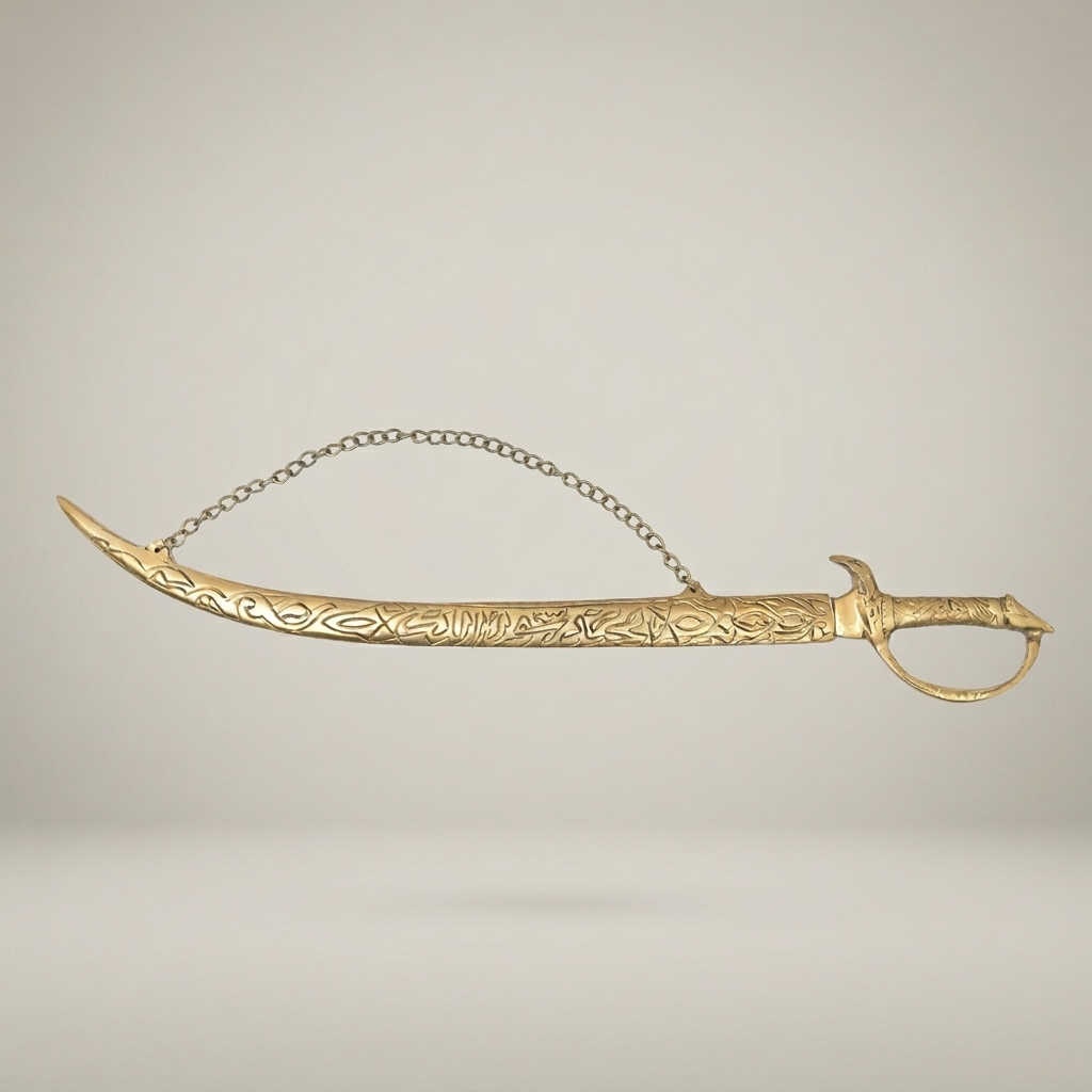 Ornate Engraved Brass Decorative Sword with Chain & Scabbard - Islamic Arabesque Wall Display — Antique Gold