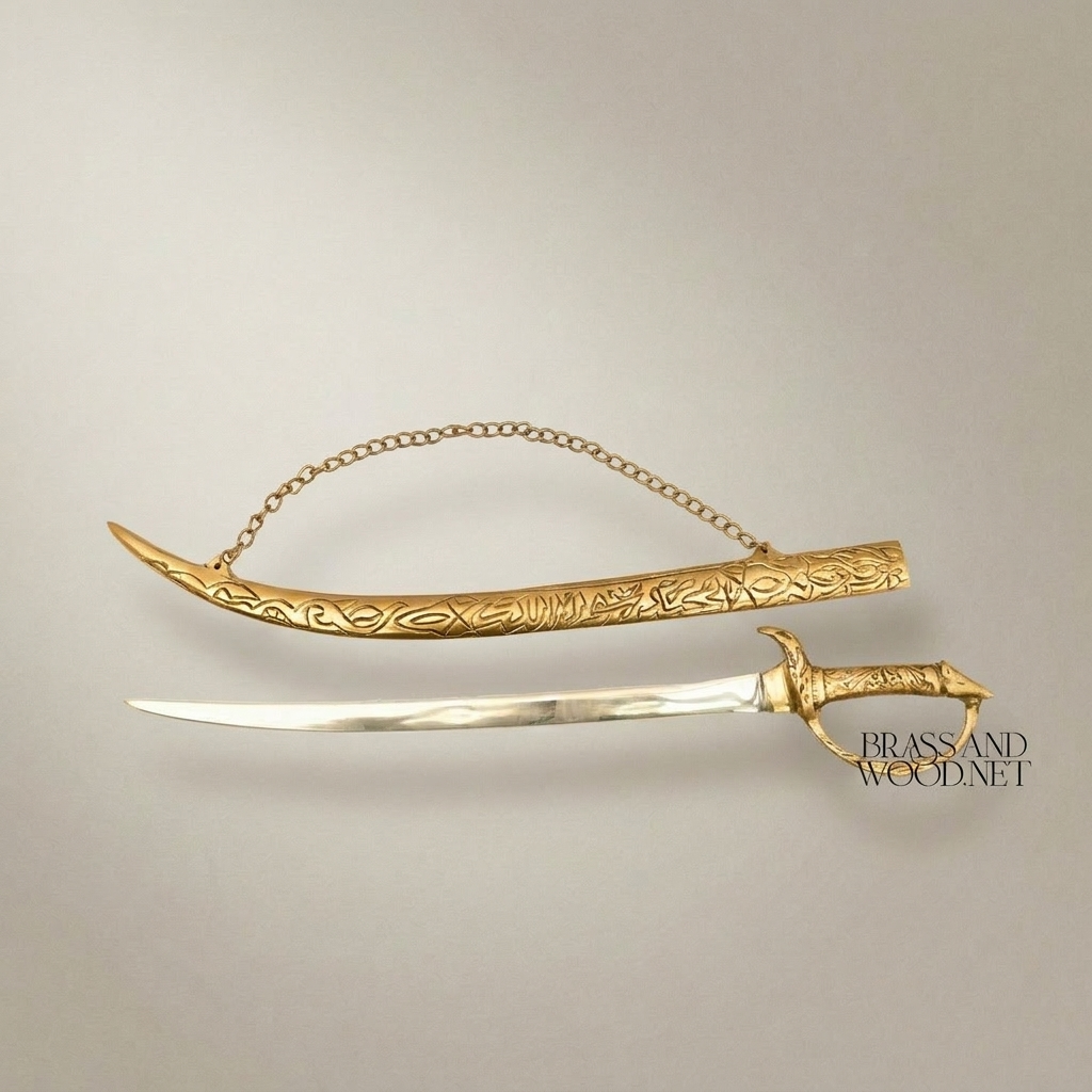 Ornate Engraved Brass Decorative Sword with Chain & Scabbard - Islamic Arabesque Wall Display — Gold