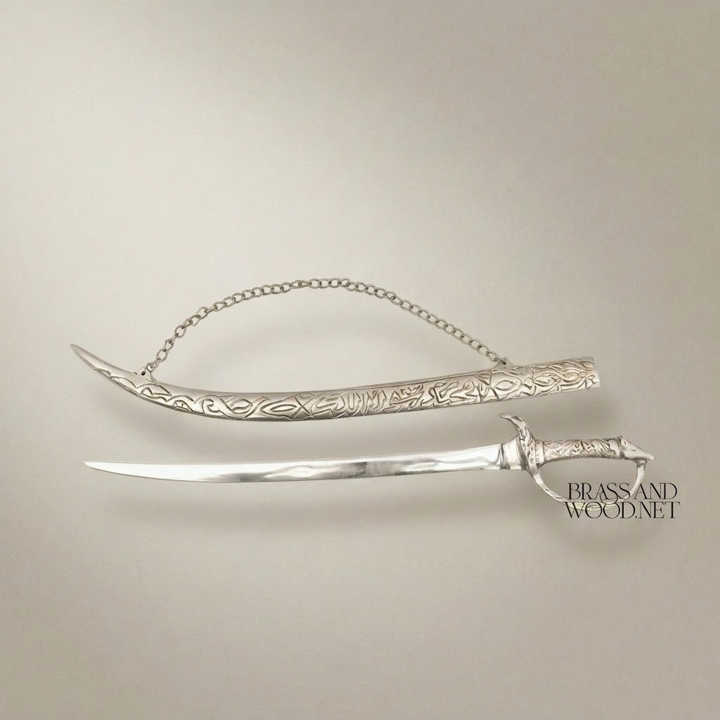Ornate Engraved Brass Decorative Sword with Chain & Scabbard - Islamic Arabesque Wall Display — Silver
