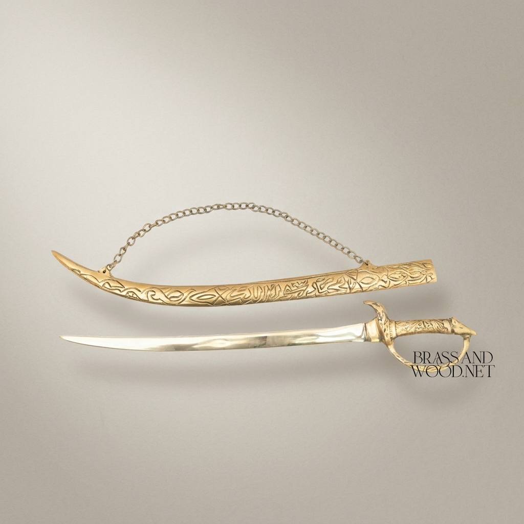 Ornate Engraved Brass Decorative Sword with Chain & Scabbard - Islamic Arabesque Wall Display — Antique Gold