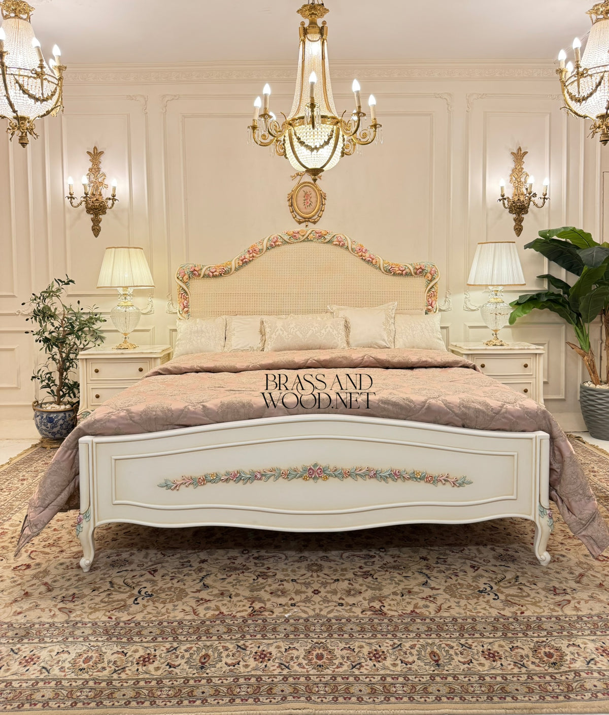Louis XV Rococo Revival Ivory Bedroom Set — Hand-Carved Polychrome Floral Cane Headboard