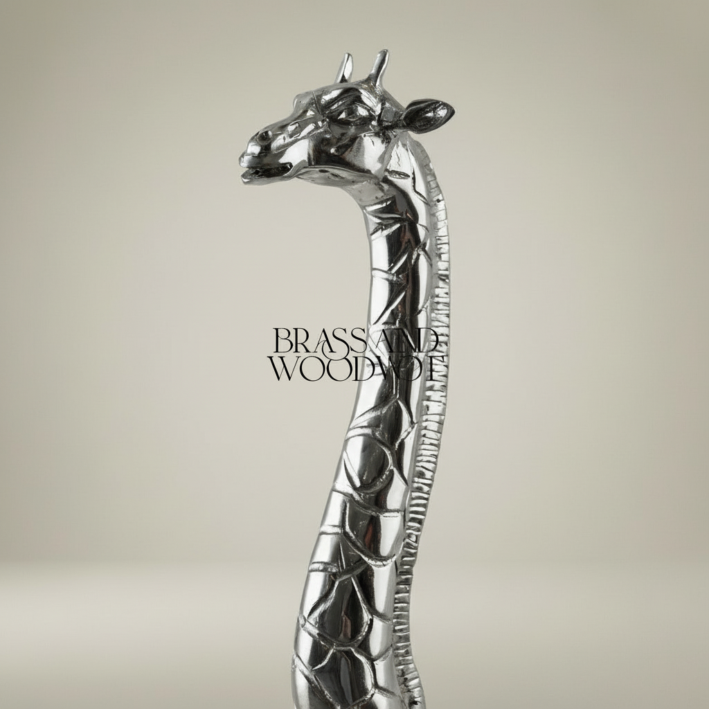Polished Metal Giraffe Sculpture - Full-Body Walking Pose — Silver