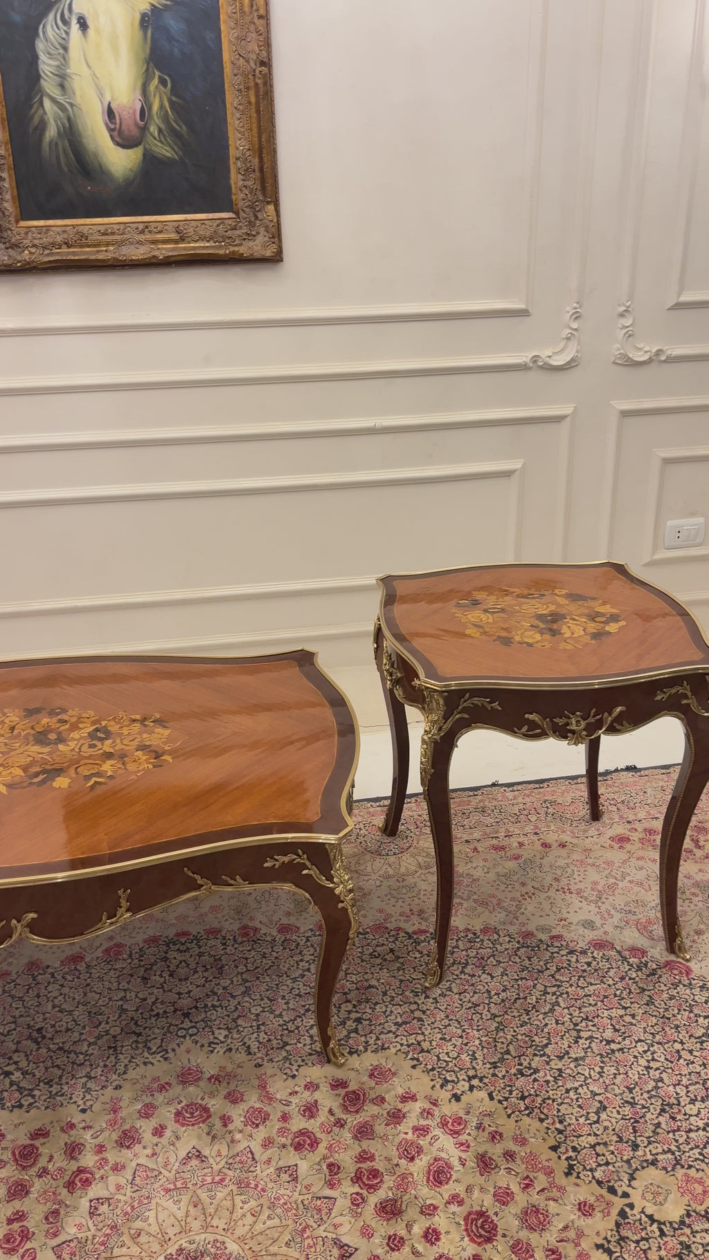 Neoclassical Marquetry & Brass Table Set of 3