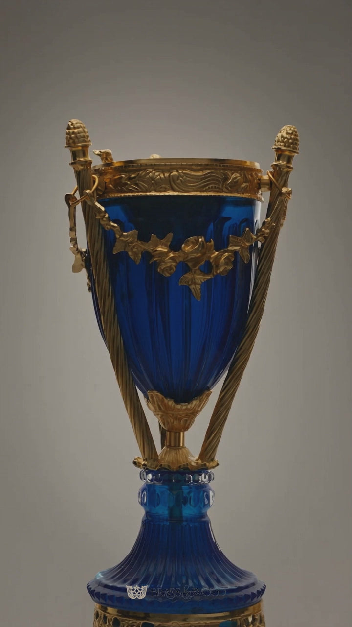 Neoclassical Cobalt Crystal Incense Burner with Foliate Brass Mounts & Tripod Stand - Brass & Wood product video