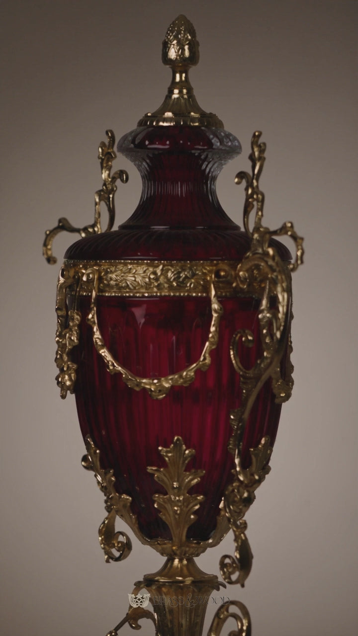 Baroque Lidded Crystal Urn Vase with Ornate Brass Scrollwork Frame - Brass & Wood product video