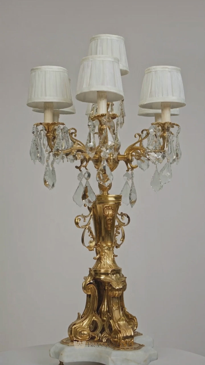 Rococo Six-Arm Brass Candelabra Table Lamp with Crystal Drops & Alabaster Base - Brass & Wood product video