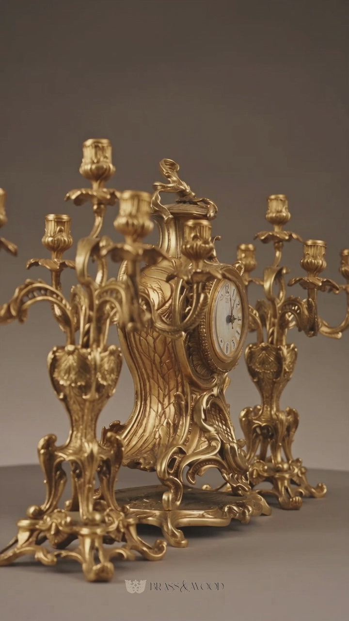 Rococo Brass Mantel Clock & Candelabra Garniture Set - Scrolling Acanthus & Rocaille Cartouche — reel