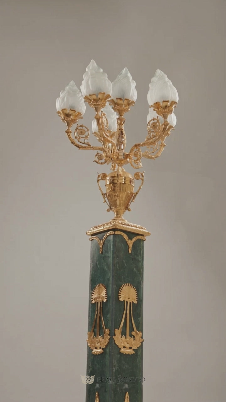 Empire Neoclassical Five-Arm Candelabra Floor Lamp on Green Marble Pedestal Column with Flame Glass Shades - Brass & Wood product video