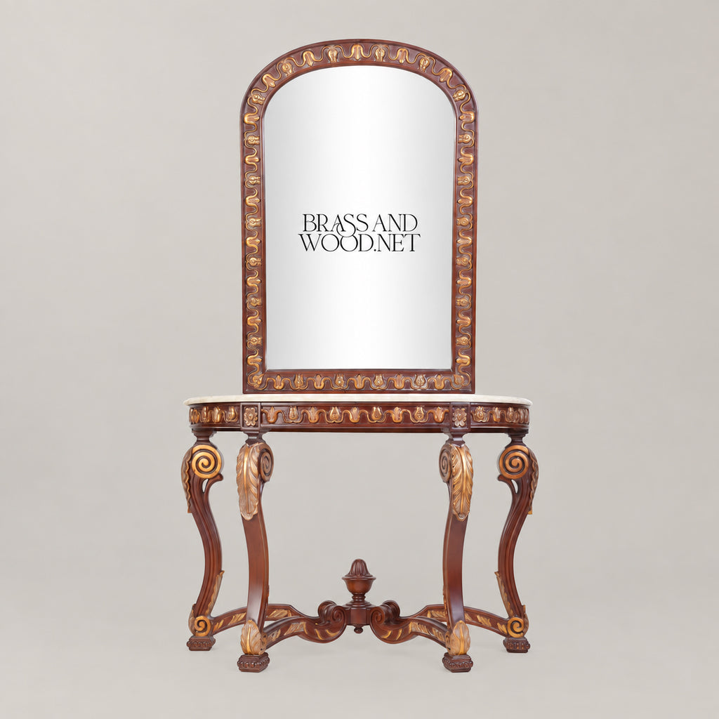 Régence Demi-Lune Console Table with Arched Mirror Carved Acanthus Gilded Egg-and-Dart Cream Marble Top Main View | Brass & Wood