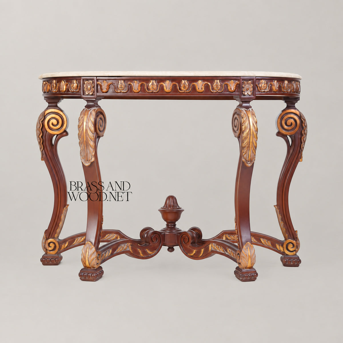 Régence Demi-Lune Console Table with Arched Mirror Carved Acanthus Gilded Egg-and-Dart Cream Marble Top View 2 | Brass & Wood