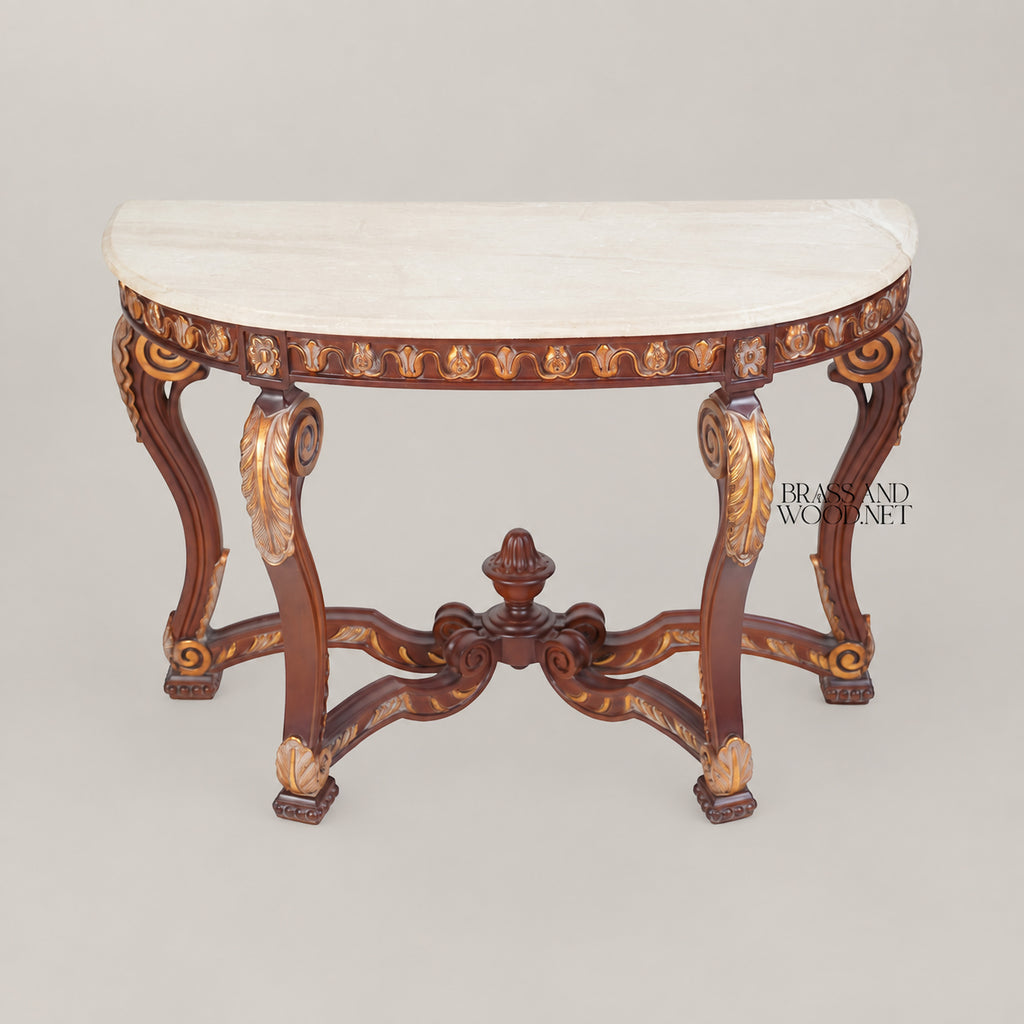 Régence Demi-Lune Console Table with Arched Mirror Carved Acanthus Gilded Egg-and-Dart Cream Marble Top View 3 | Brass & Wood