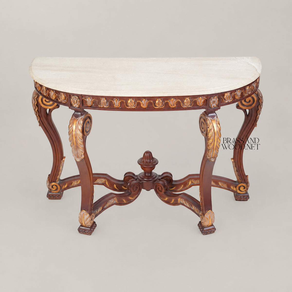 Régence Demi-Lune Console Table with Arched Mirror Carved Acanthus Gilded Egg-and-Dart Cream Marble Top View 3 | Brass & Wood