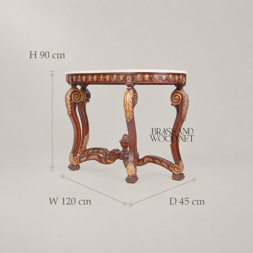 Régence Demi-Lune Console Table with Arched Mirror Carved Acanthus Gilded Egg-and-Dart Cream Marble Top View 5 | Brass & Wood