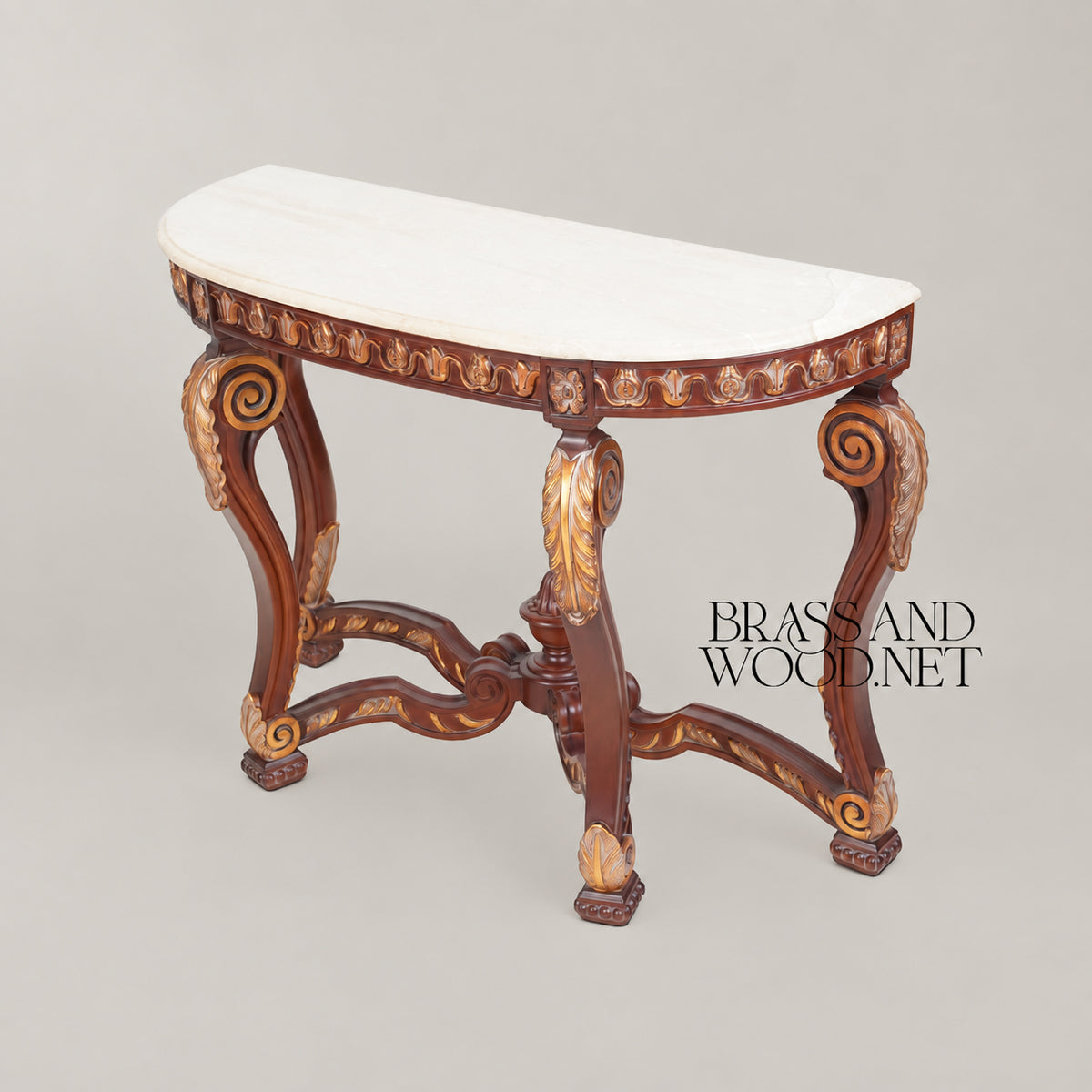 Régence Demi-Lune Console Table with Arched Mirror Carved Acanthus Gilded Egg-and-Dart Cream Marble Top View 6 | Brass & Wood