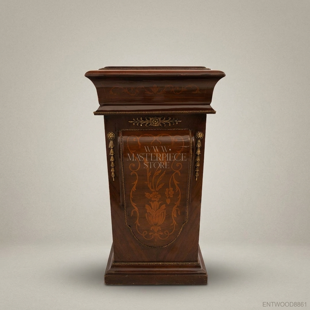 Renaissance Revival Marquetry Display Pedestal with Marble Top & Brass Mounts