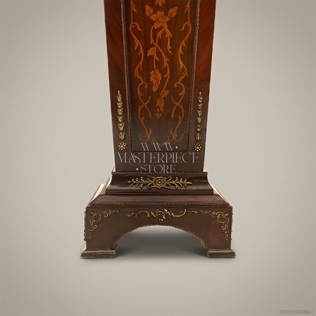 Renaissance Revival Marquetry Display Pedestal with Marble Top & Brass Mounts