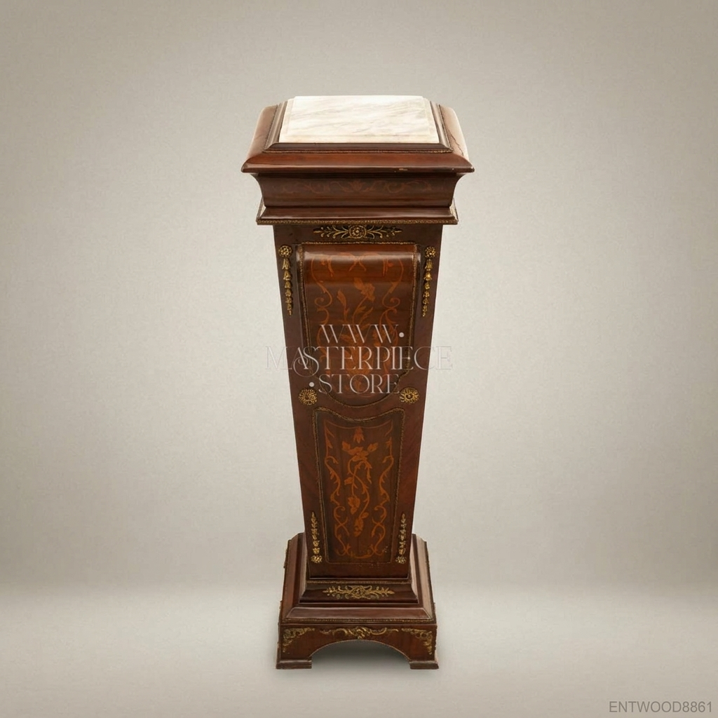 Renaissance Revival Marquetry Display Pedestal with Marble Top & Brass Mounts