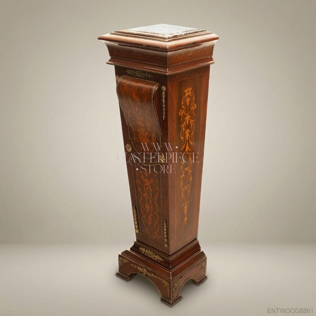 Renaissance Revival Marquetry Display Pedestal with Marble Top & Brass Mounts