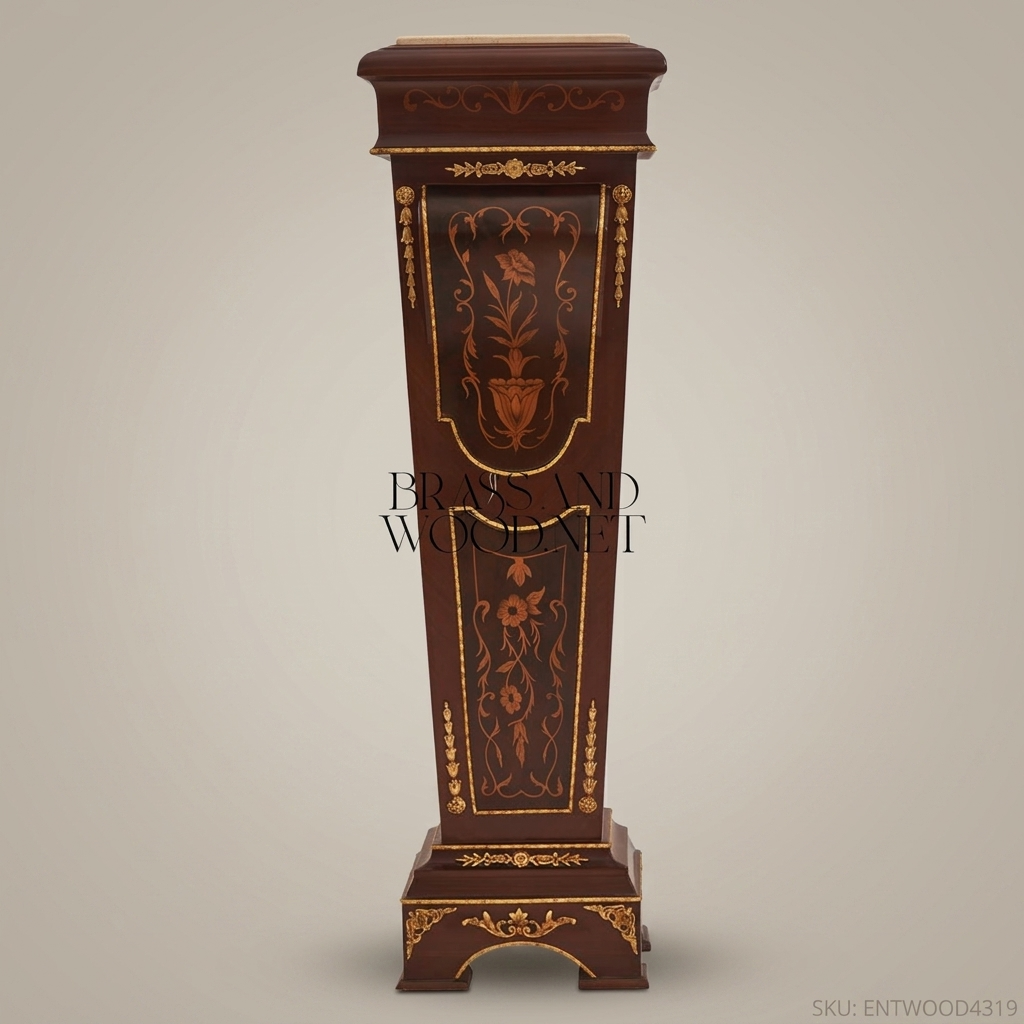 Neoclassical Marquetry Wooden Pedestal Column with Marble Top & Gold Accents