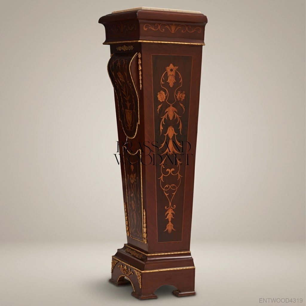 Neoclassical Marquetry Wooden Pedestal Column with Marble Top & Gold Accents