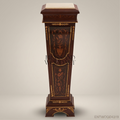 Neoclassical Marquetry Wooden Pedestal Column with Marble Top & Gold Accents