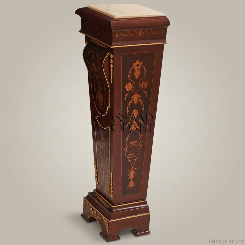 Neoclassical Marquetry Wooden Pedestal Column with Marble Top & Gold Accents