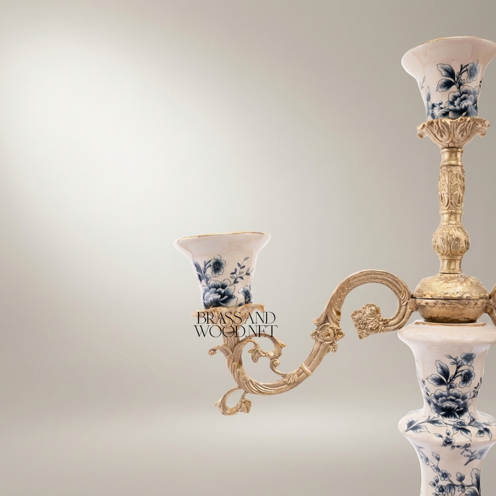 Rococo 3-Arm Candelabra with Blue Floral Porcelain Cups & Scrolled Brass Base — Antique Gold